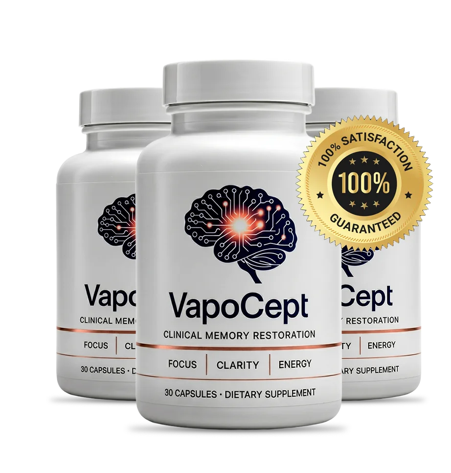 VapoCept nootropic capsule bottles shown together, available in 1, 3 and 6-bottle packages