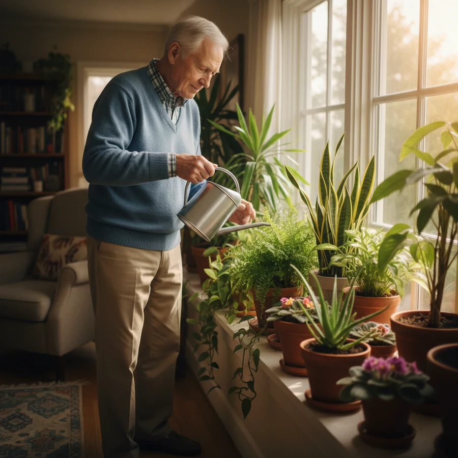 VapoCept reviews complaints: an older man calmly watering houseplants, a relaxed picture for reading feedback