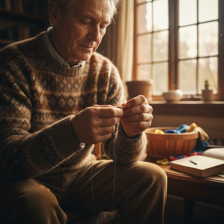 VapoCept side effects: an older man threading a needle with care, a calm everyday moment
