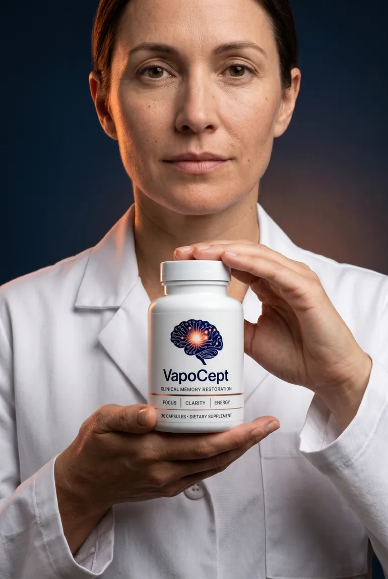 Health professional in a white coat holding a bottle of VapoCept nootropic capsules