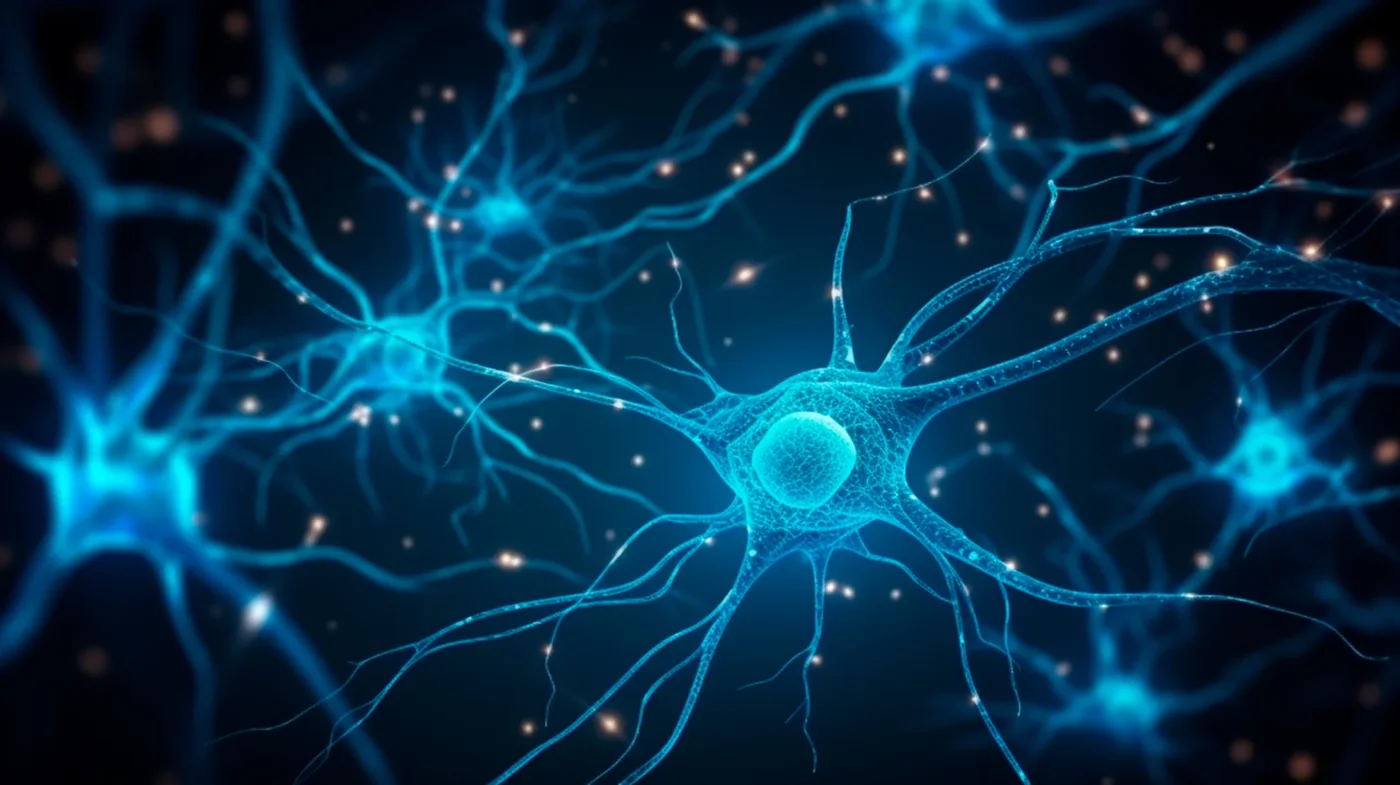 Illustration of neurons firing across a blue neural network, representing VapoCept nootropic support