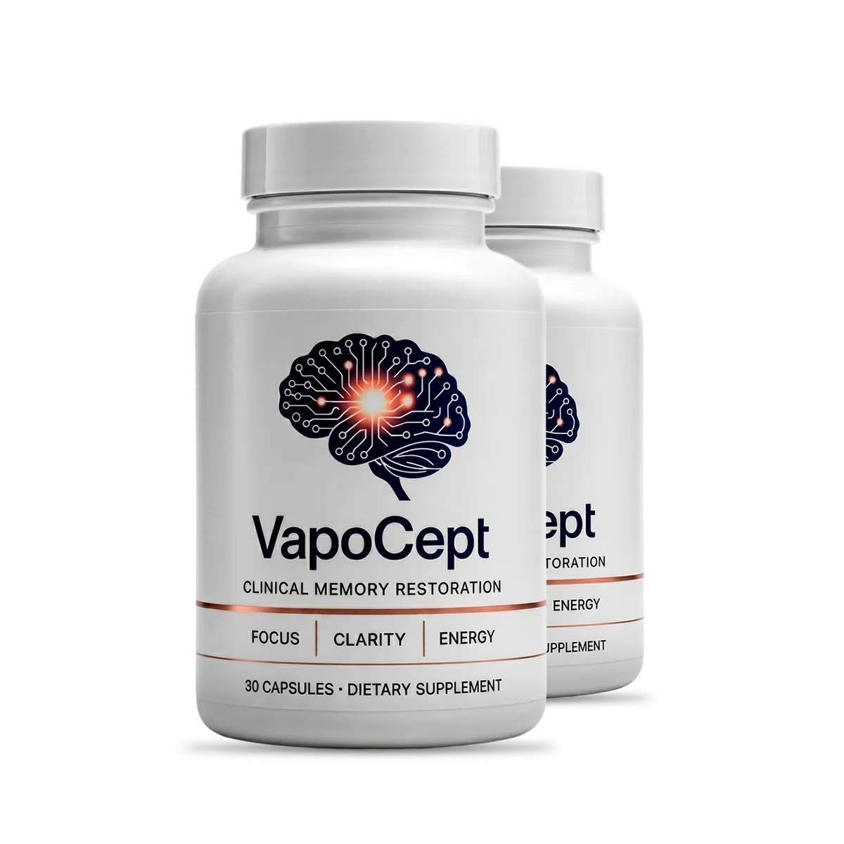 VapoCept nootropic capsule bottles, taken once daily as a simple routine