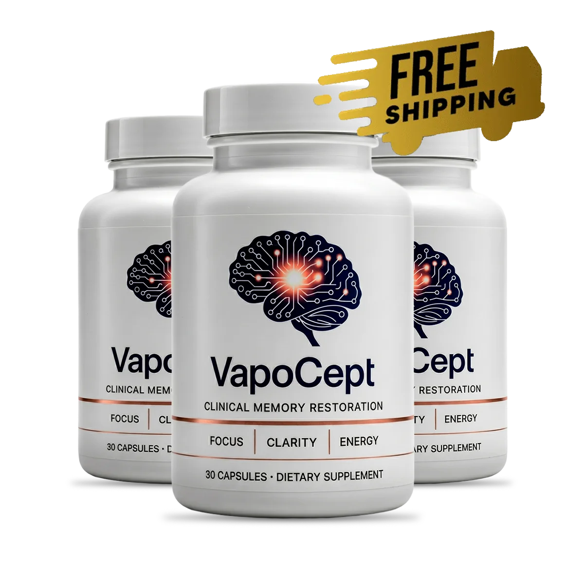 Three bottles of VapoCept nootropic capsules with a 100% satisfaction seal